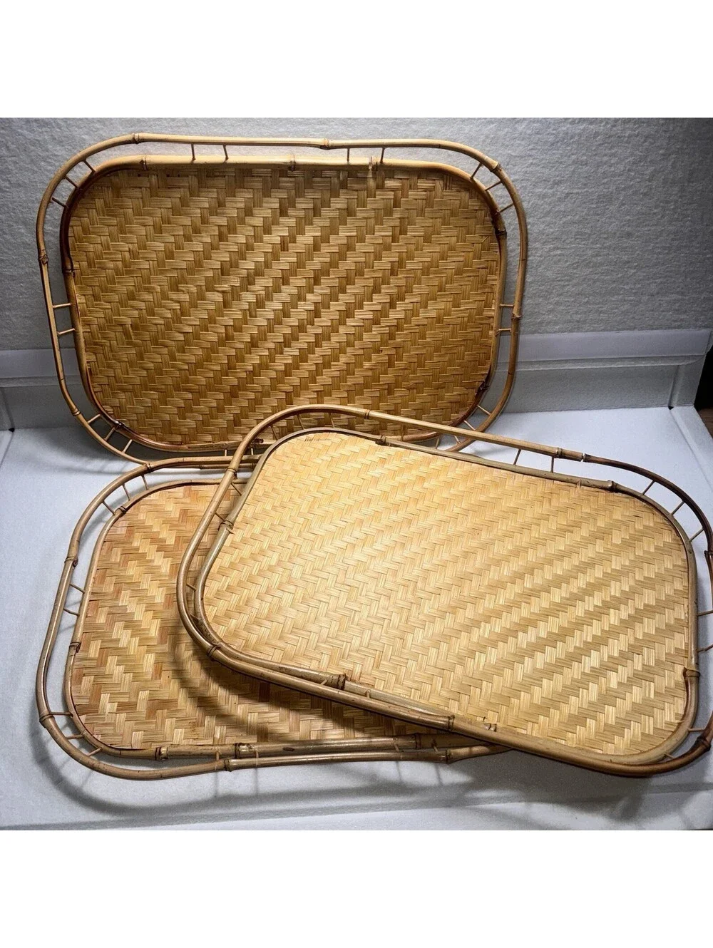 3 Vintage Woven Bamboo Rattan Serving Trays Boho Coastal Decor 13x19 Tiki Bar